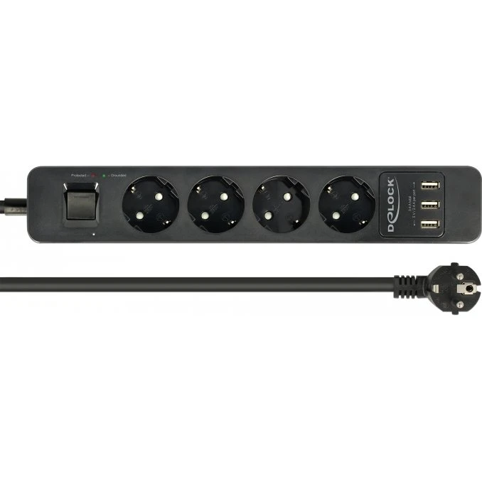 Delock 4-fach Steckdosenleiste mit USB-Ladung und Überspannungsschutz schwarz