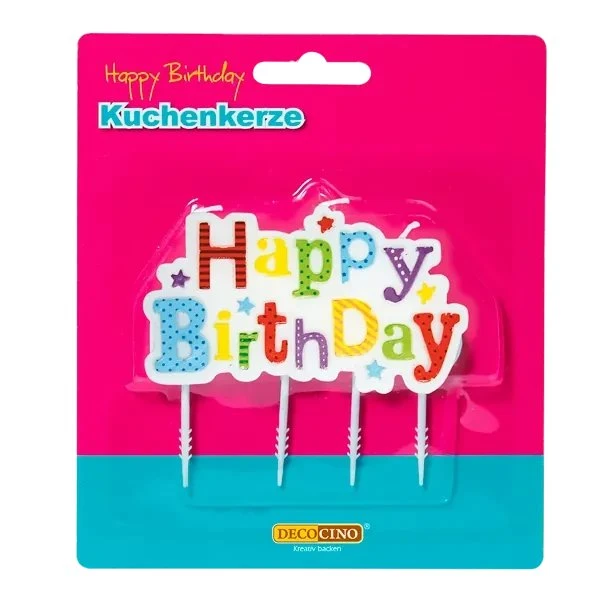 Decocino Kuchenkerze Happy Birthday, 7 cm, 3 Dochte