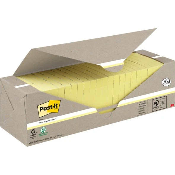 Post-it Recycling Notes 76 x 76 mm, gelb, 100 Blatt/Block