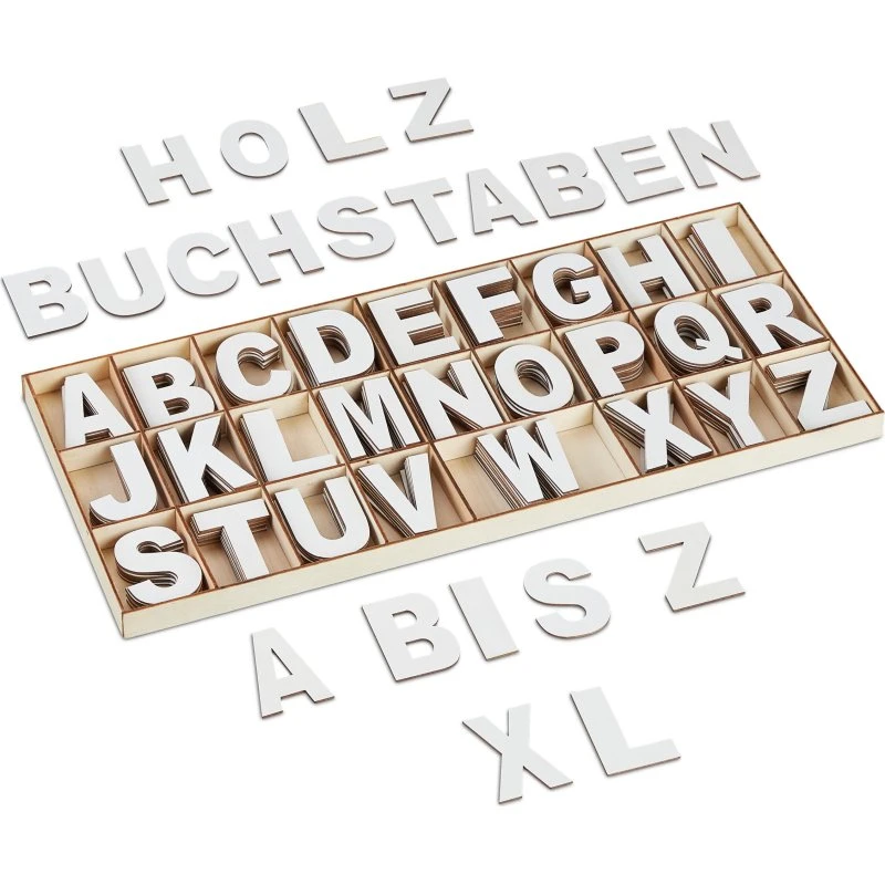 Holz-Buchstaben Set 208-tlg. weiß – Kiefernholz, sortiert, mit Kasten