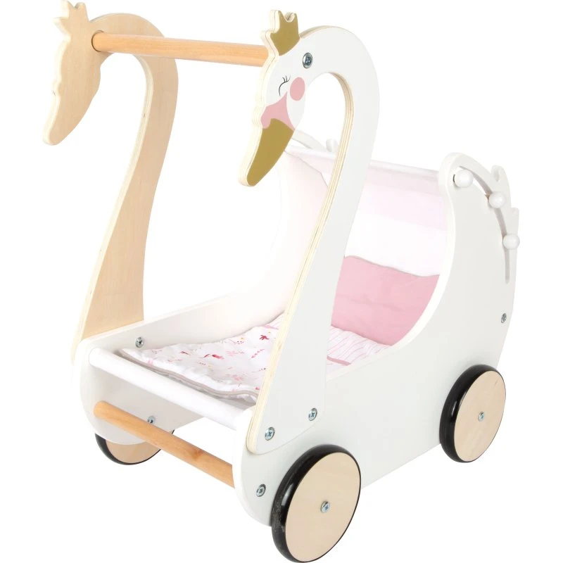 Schwan Puppenwagen aus Holz mit Verdeck, Gold/Rosa