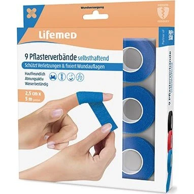 Lifemed Pflasterverband selbsthaftend 5 m x 2,5 cm blau 9er