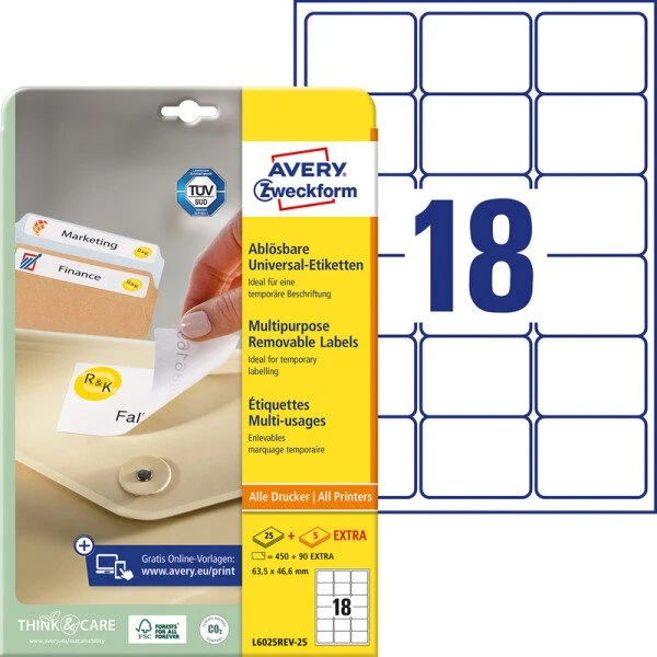 Avery Zweckform Wiederablösbare Etiketten 63,5 x 46,6 mm, weiß, 25+5 Bögen