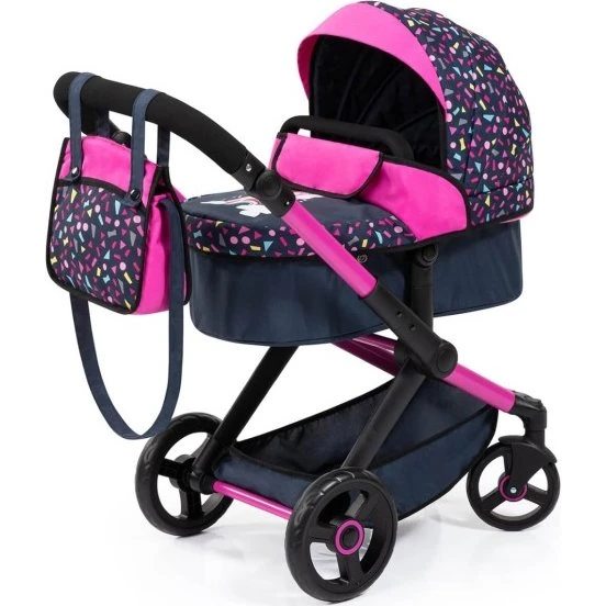 Xeo Kombi-Puppenwagen schwarz/rosa mit Tasche