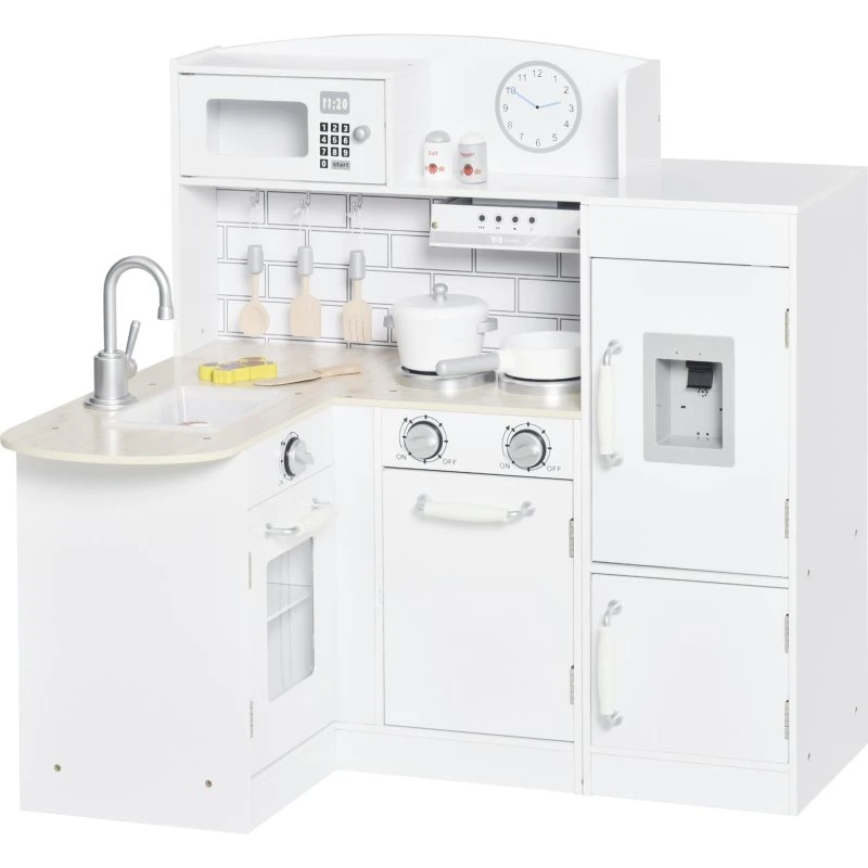 HOMCOM Spielküche mit elektronischem Wasserspender, Weiß, 14-tlg. Zubehör