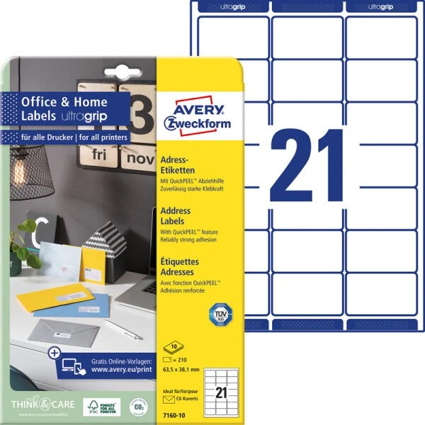 AVERY Zweckform 7160-10 Laser-Adressetiketten 63,5x38,1 mm weiß