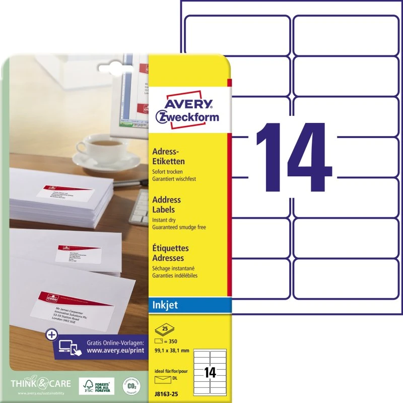 AVERY Zweckform Inkjet Adress-Etiketten 99,1 x 38,1 mm weiß