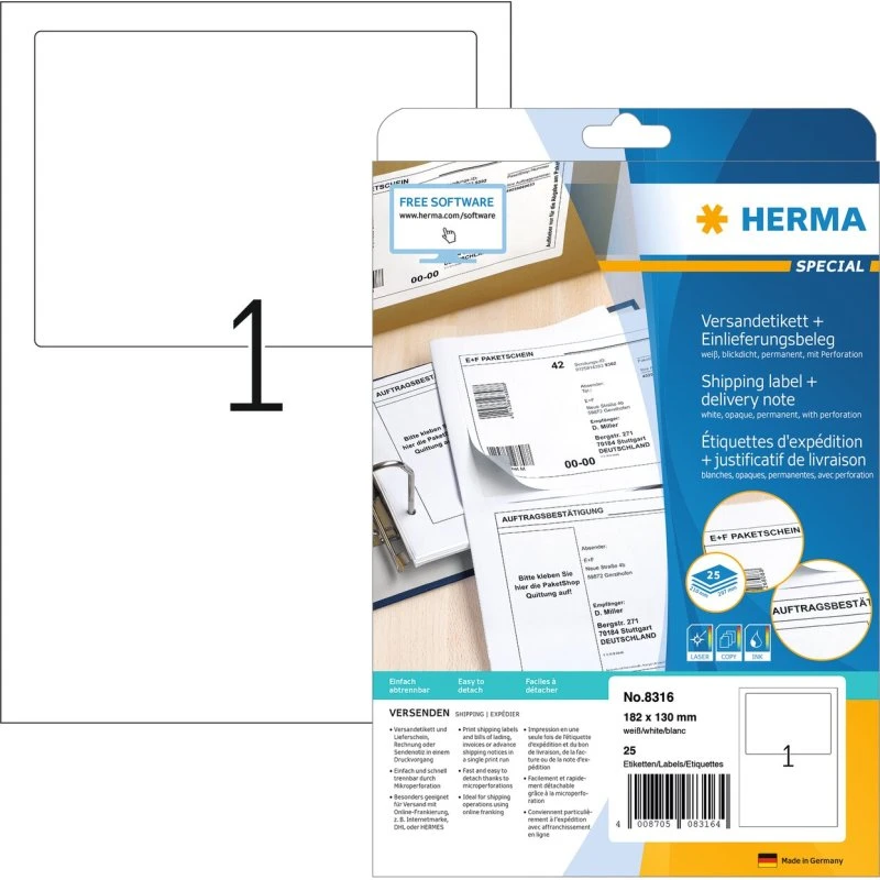 HERMA 8316 Versandetikett + Einlieferungsbeleg A4 weiß
