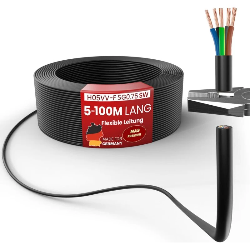 H05VV-F 5G 0,75/1/1,5/2,5 Schlauchleitung Schwarz 5–100 m