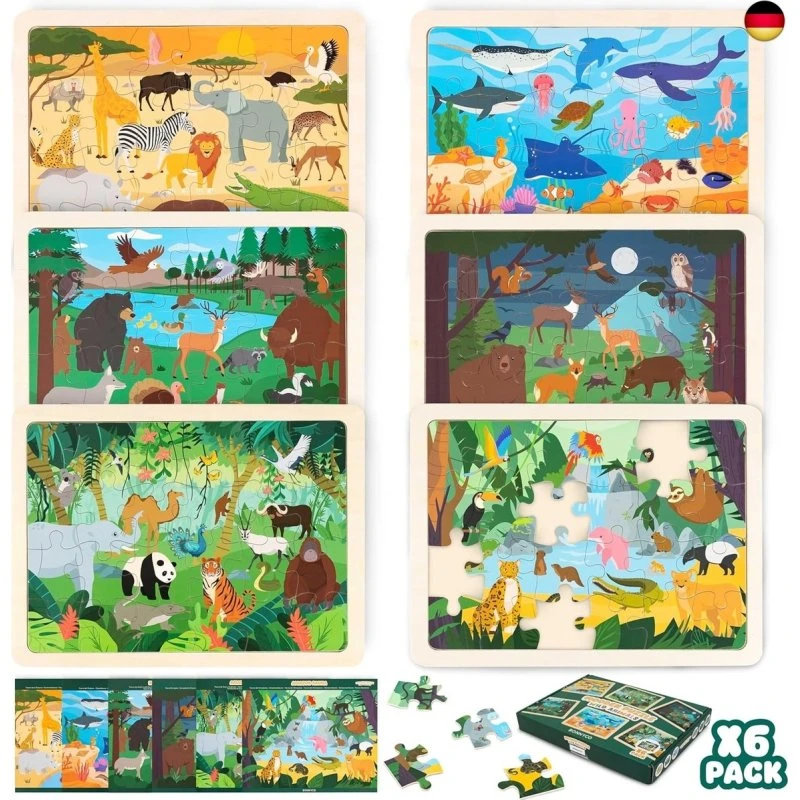 BONNYCO Holzpuzzle Kinder 6 Set 24 STK Tiere aus aller Welt