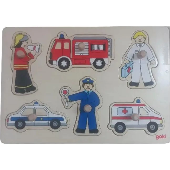 Goki Steckpuzzle Rettungsfahrzeuge aus Holz, 6 Teile