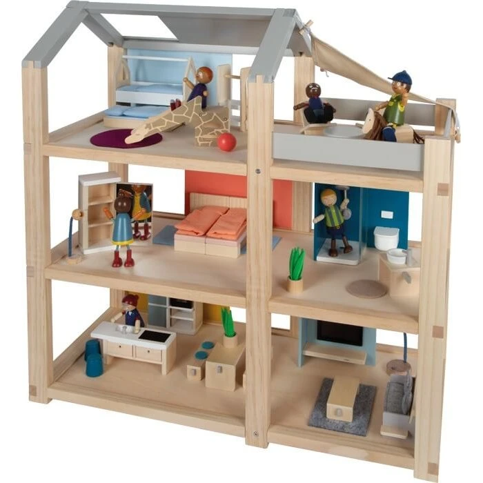 small foot Puppenhaus Natur mit Möbeln, 3 Stockwerke