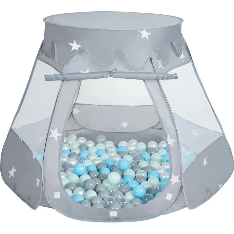 Pop-up-Spielzelt mit 300 Bällen – Schlossform, 105x90 cm, grau-transparent-babyblau-mint