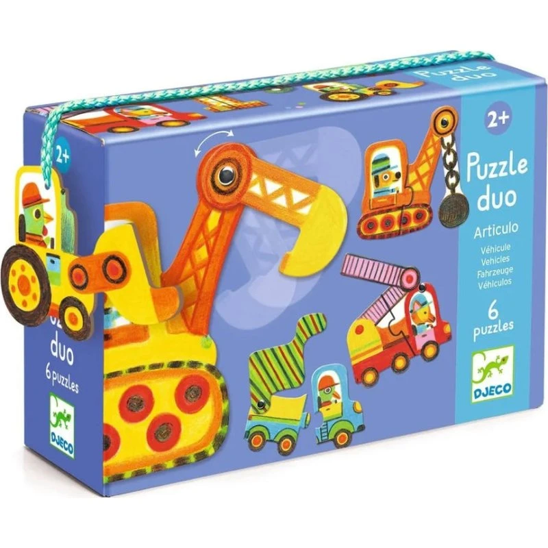Djeco Puzzle Duo Bewegte Fahrzeuge – 2-in-1 Lernspiel aus Holz ab 2 Jahren