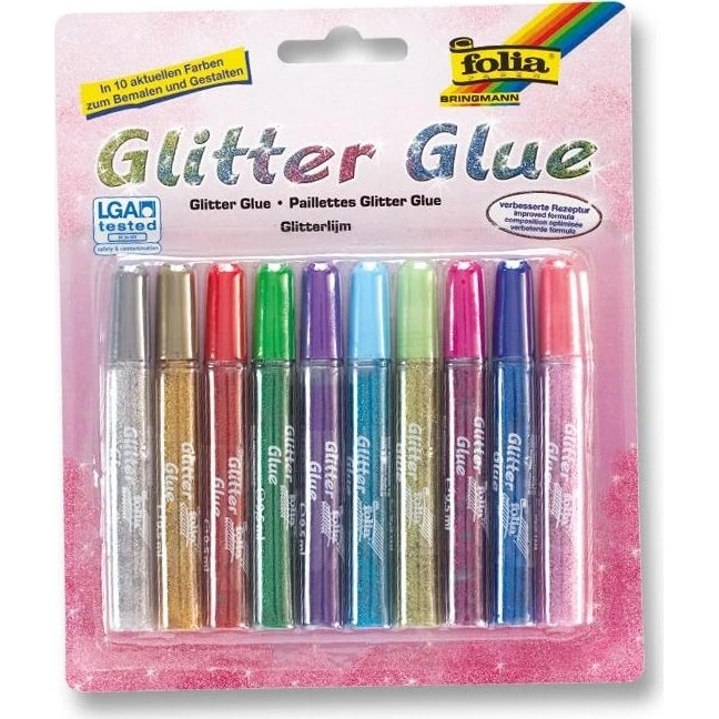 folia Glitterglue 10er-Pack, 9,5 ml, farbig sortiert