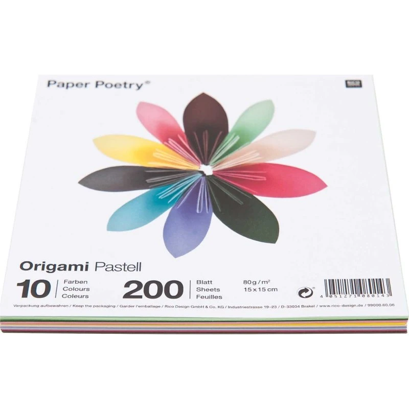 Rico Design Paper Poetry Origami-Papier Pastell 15x15 cm, 200 Blatt, 10 Farben