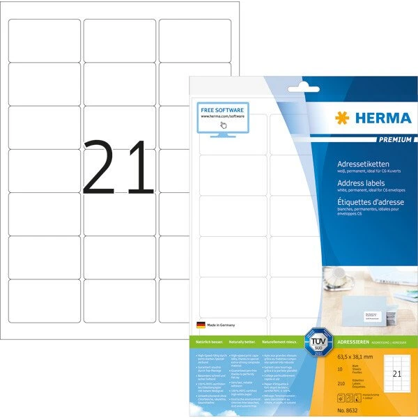HERMA 8632 Premium Etiketten A4 63,5x38,1 mm weiß