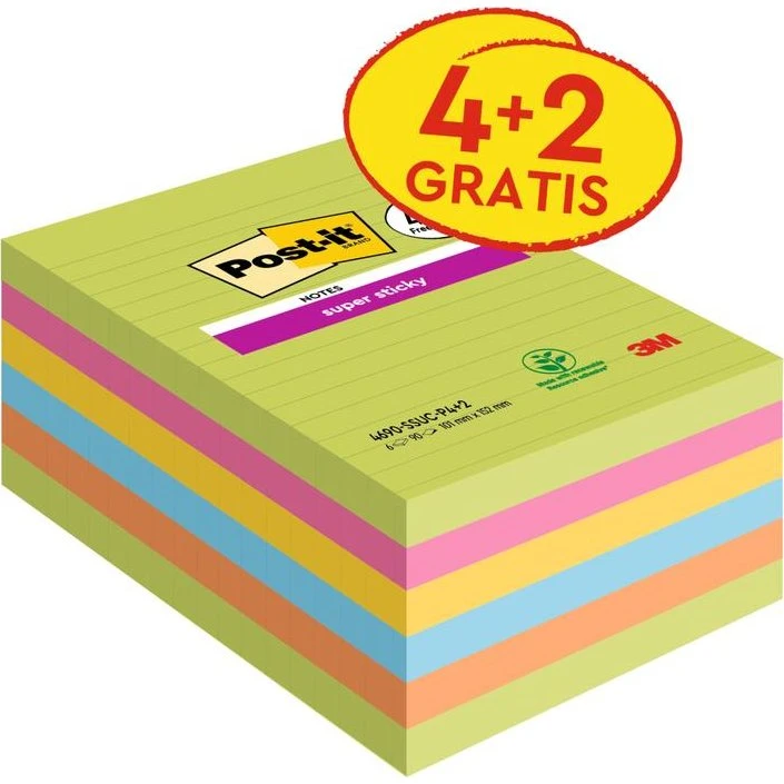 3M Post-it Super Sticky Notes Großformat, 101x152 mm, 6 Blöcke, liniert, verschiedene Farben