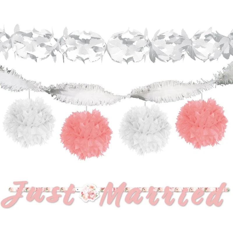 Just Married Rosa Weiß Deko-Set mit 4 Pompoms & 3 Girlanden