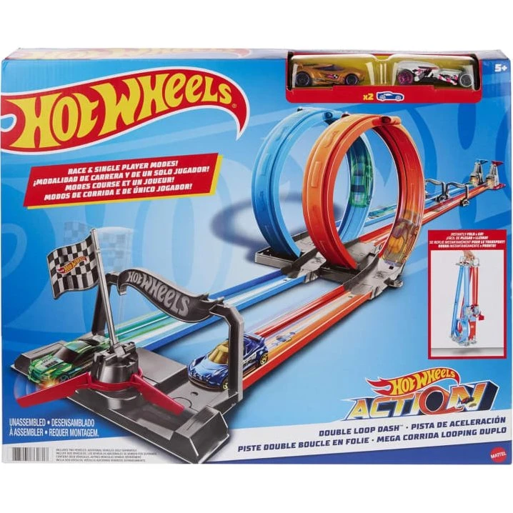 Hot Wheels Doppelschleifen-Rennstrecke GFH85, 2 Autos, 3,6 m