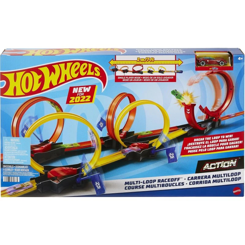 Hot Wheels Multi-Loop Race Off, 2-Meter-Rennbahn mit 5 Schleifen