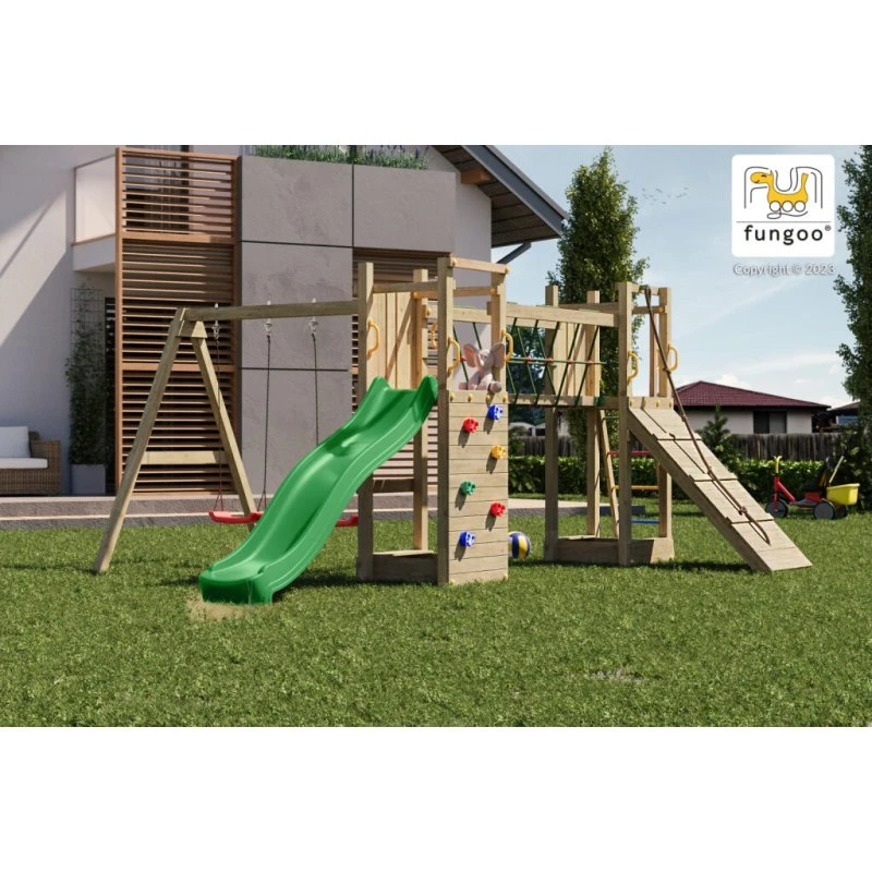 Fungoo Maxi Funny Exposure Spielturm mit Schaukel, Rutsche, Hängebrücke