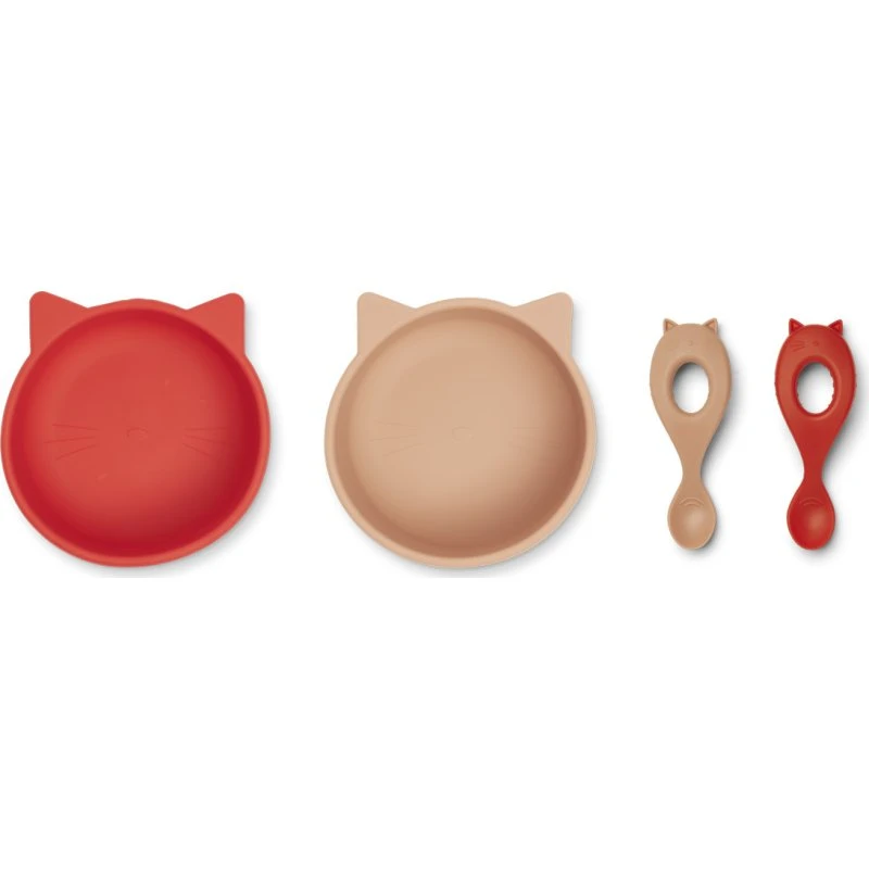 Liewood Evan Katze Silikon-Geschirrset 2er Pack rot/tuscany rose