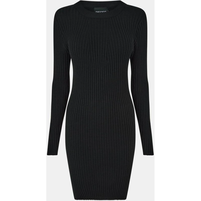 Pieces Langarm-Strickkleid schwarz knielang