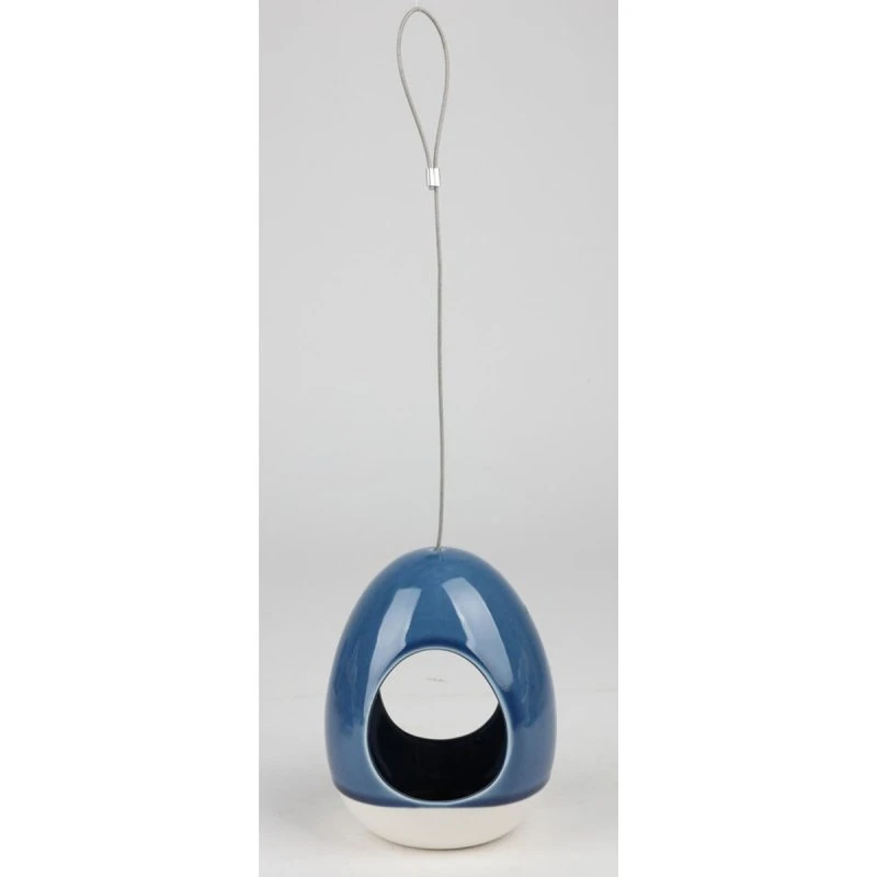 Futterhaus Wasserspender für Vögel, Keramik Blau, hängend, Garten, Winter