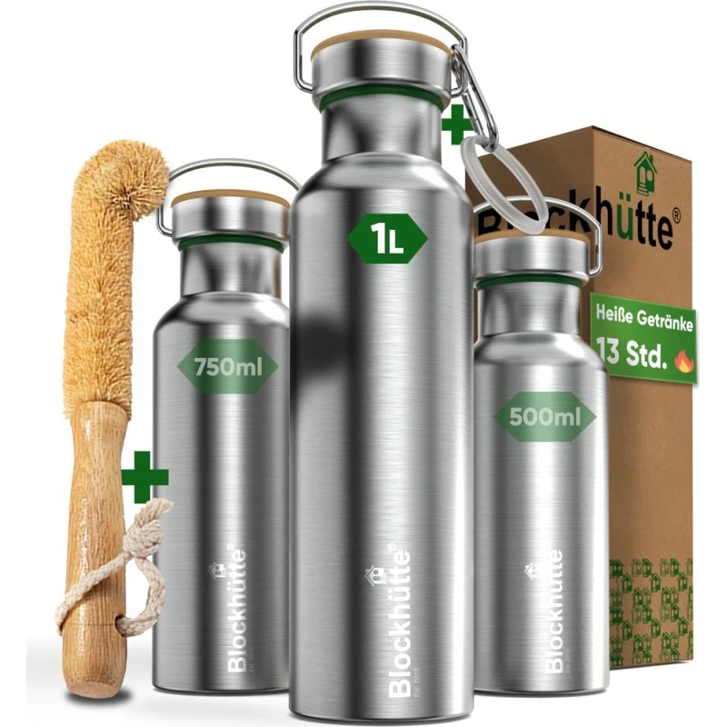 Blockhütte 1L Edelstahl-Trinkflasche mit Naturborstenbürste