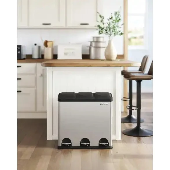 SONGMICS Mülltrenner 45 L (3 x 15 L), Edelstahl, Silber
