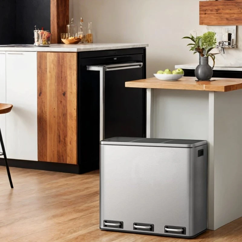 SONGMICS Mülleimer 3x18 L, Treteimer mit 3 Fächern, sandbeige