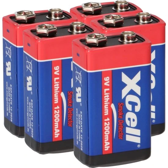 XCell 5x Lithium 9V Block-Batterien für Rauchmelder