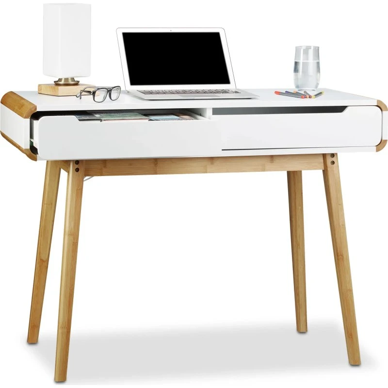 Bambus-Weiß Schreibtisch 100x73x45 cm mit 2 Schubladen