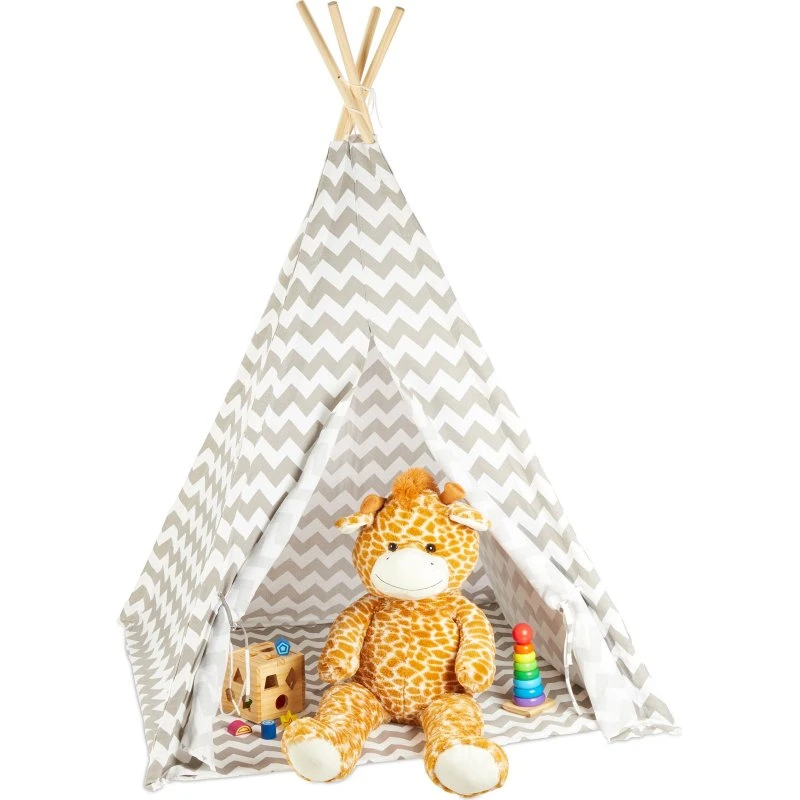 Relaxdays Tipi Zelt Kinder, 160 x 115 x 115 cm, weiß-grau
