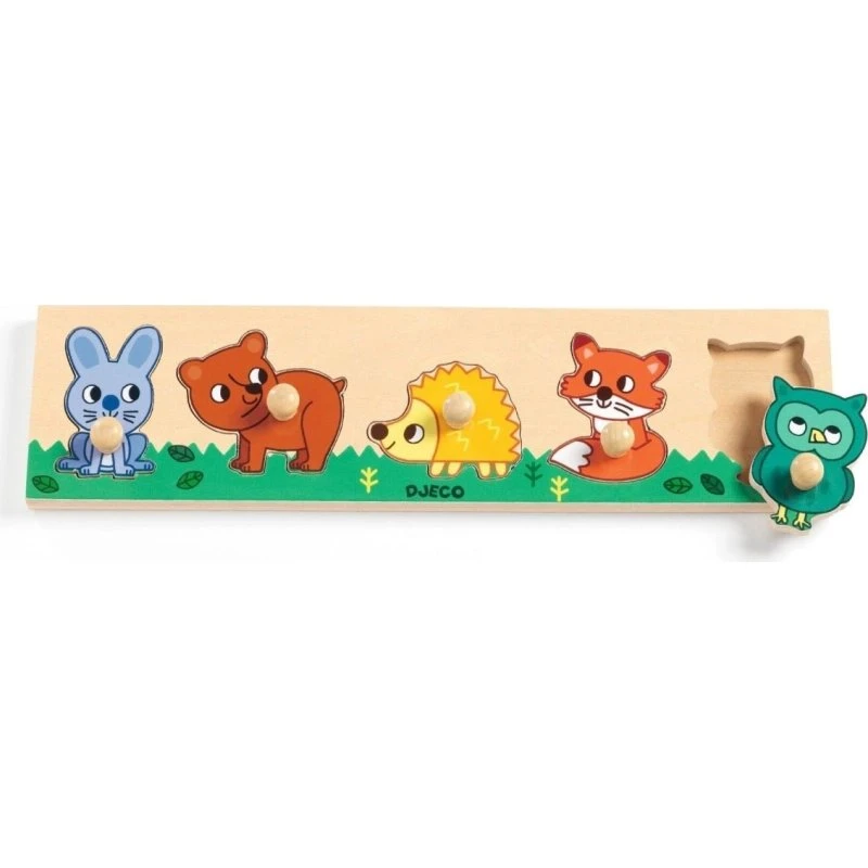 Djeco Holzpuzzle Forest'n'co – 5 Waldtiere mit Knöpfen