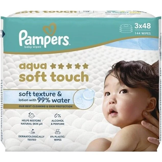 Pampers Aqua Soft Touch Feuchttücher, 3er Pack (3x 48 Stück)