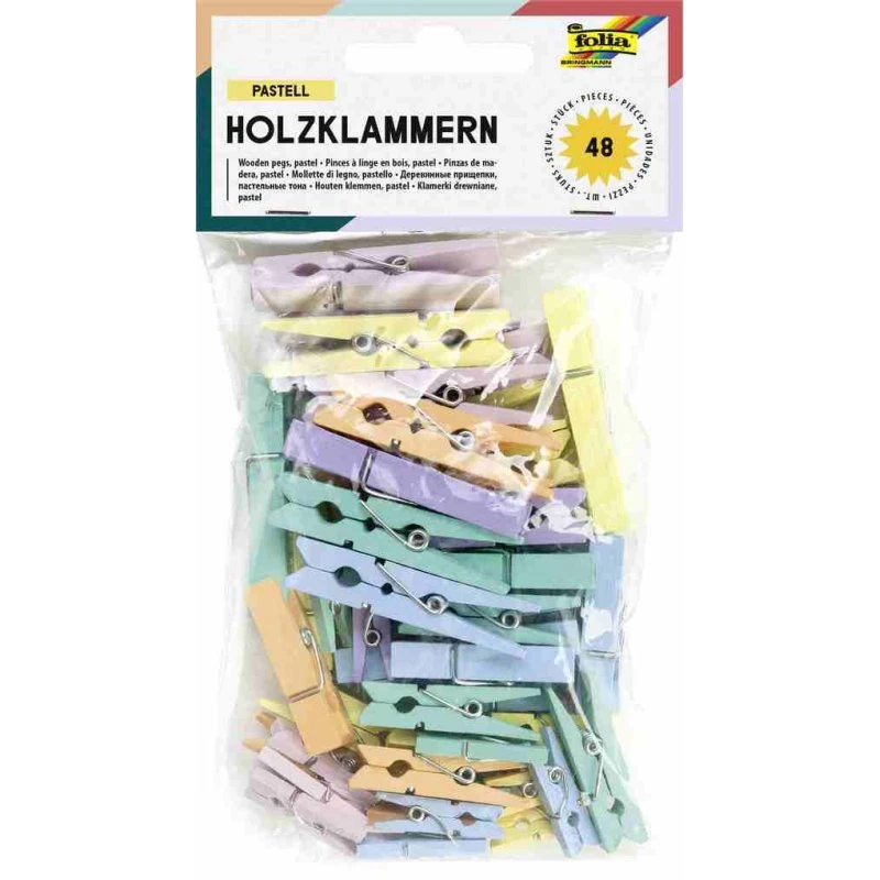 Folia Holzklammern Pastell, 48 Stück, 3 Größen sortiert