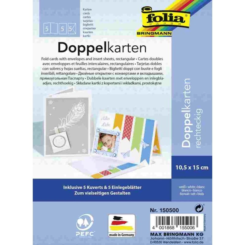 folia Klappkarten-Set weiß, 10,5x15cm, 5x Karte, Einlage & Kuvert