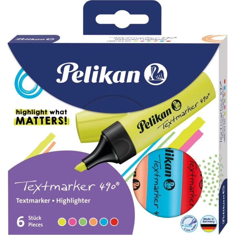 Pelikan Textmarker 490 Set, 6 Neonfarben, Keilspitze