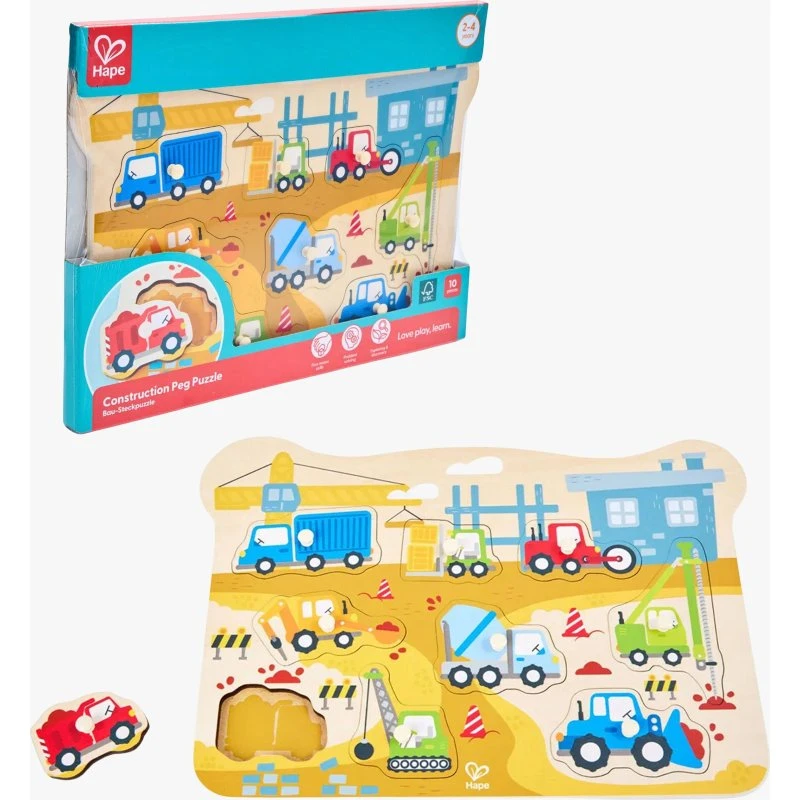 Hape Knopfpuzzle Baustellenfahrzeuge - 10 Holz-Puzzleteile
