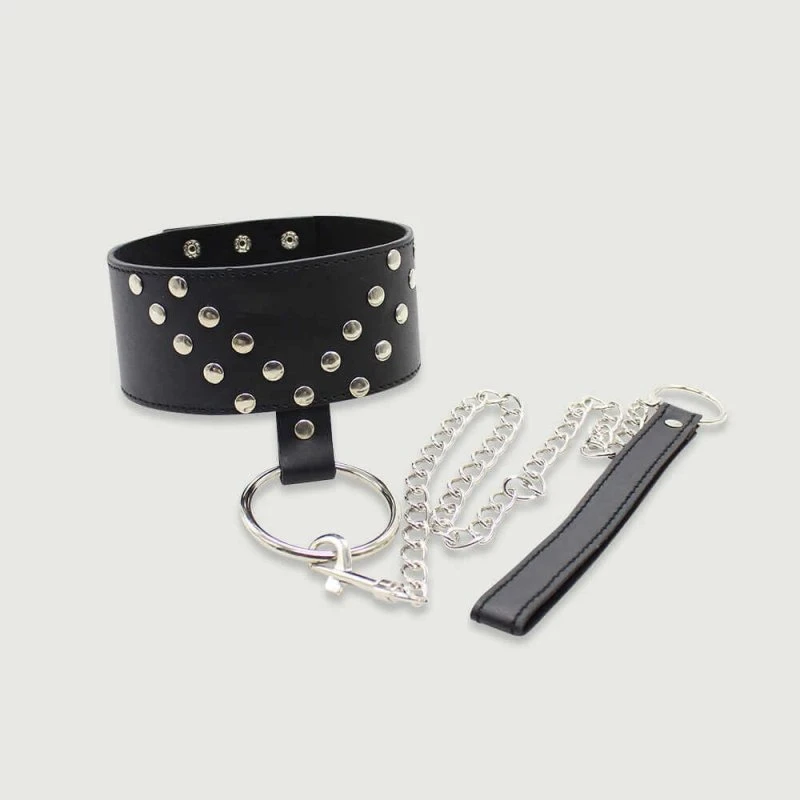 Lederhalsband mit Nieten und Kette - Schwarz